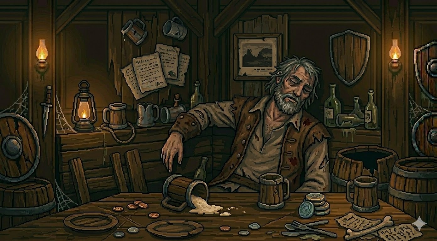 Skipper "Stagger" Silas in the tavern corner